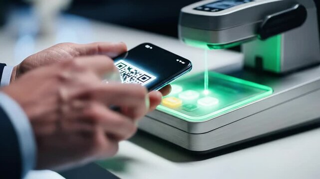 A hand holds a smartphone displaying a QR code while a red laser beam scans it from a device above