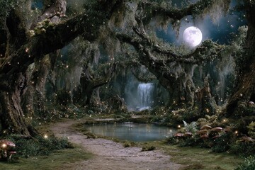 Enchanted Forest Path At Night With Moonlight