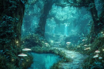 Fantasy Glowing Forest Path With Luminescent Trees And Stream