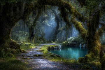 Enchanted Forest Path By Sparkling Pond