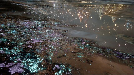 Glowing Bioluminescent Particles On Wet Ground At Night