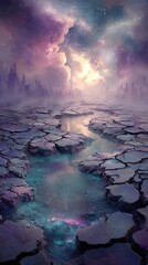 Cosmic Cracked Landscape With Starry Sky