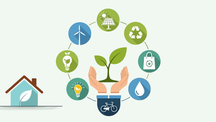 Illustration of sustainable living concepts with a plant in hands surrounded by environmental icons and an eco-friendly house.