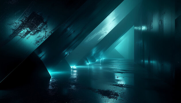 Abstract futuristic interior with glowing teal light reflecting on wet, angular surfaces.