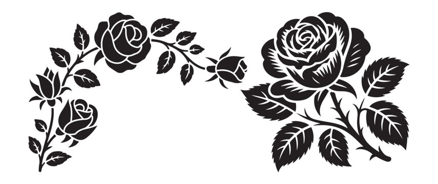 Curving decorative banner composed of three roses and accompanying foliage in black silhouette