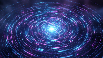 Swirling blue and pink particles form a luminous galaxy spiral in dark space abstract background