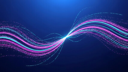 Swirling neon light trails and particles on dark blue background abstract bright
