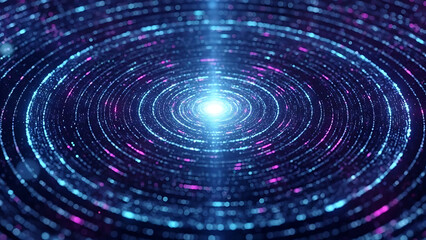 Swirling vortex of blue and pink particles with bright light at center abstract background