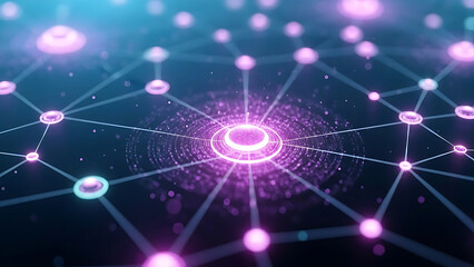 Glowing purple nodes connected by thin lines on dark blue background network connection technology