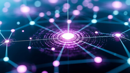 Glowing purple and blue abstract digital network connections and nodes technology