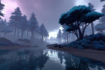 Pixelated Blue Forest Landscape With River Reflection