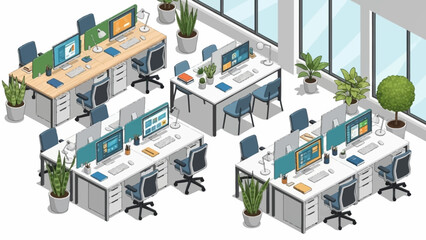 Obraz premium Isometric view of a modern open-plan office with multiple workstations, computers, chairs, and potted plants in a contemporary setting.