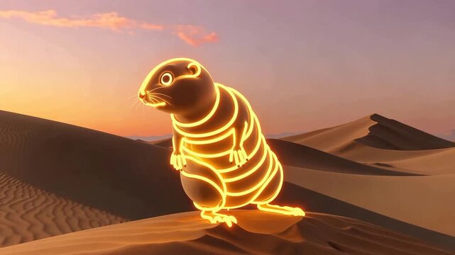 Glowing Gopher in Desert at Sunset - A Surreal Landscape.