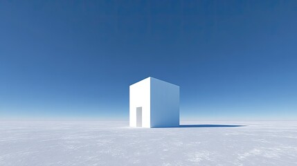 Isolated White Cube Building In Snowy Landscape