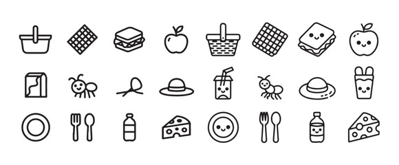 Charming picnic basket and food items line art icons for outdoor eating and recreation