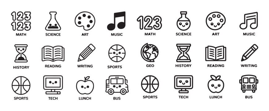Adorable primary school subject icons including math science art music history reading writing