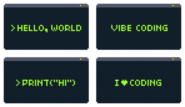 8-bit pixel art neon green text on black browser screen vector set