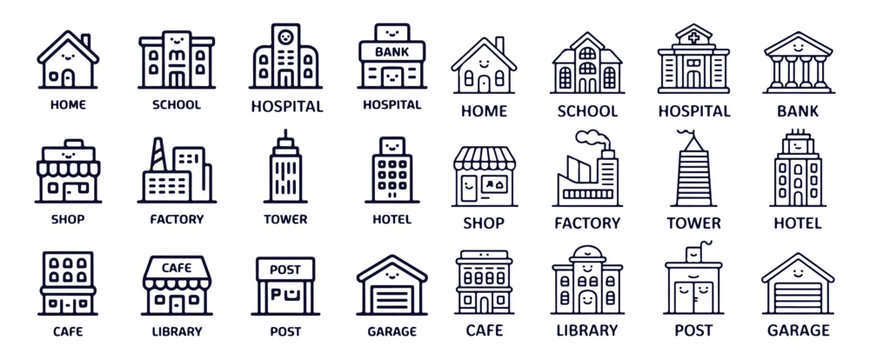 Simple and sweet line icons representing different types of buildings and urban structures