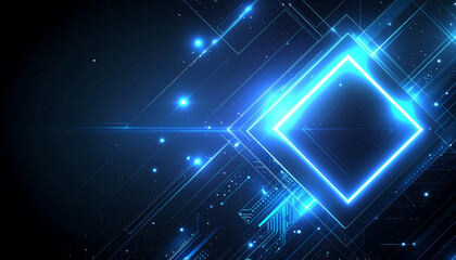 Abstract blue glowing geometric shapes and lines on a dark background, representing digital technology and futuristic design.