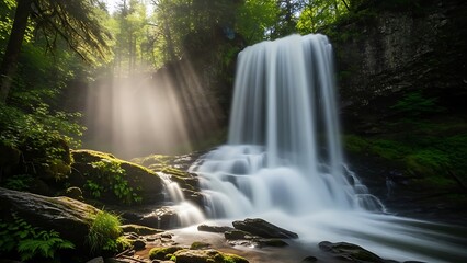 Obraz premium A breathtaking waterfall cascades into a serene pool, illuminated by ethereal sunbeams piercing through a lush forest canopy. The long-exposure effect creates a silky, ethereal flow of water.