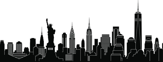 New York City Silhouette Vector Illustration, Panoramic View with Statue of Liberty, One World Trade Center, and Iconic Manhattan Skyscrapers, Black and White Graphic. © Gita