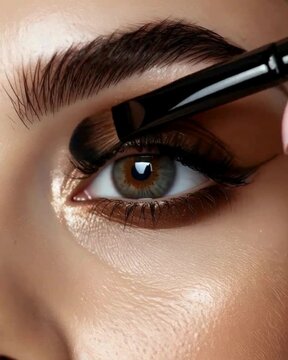 A close-up of a woman's eye showcasing beautifully applied makeup, featuring a golden hue and dramatic eyelashes, with a brush in motion for blending. video