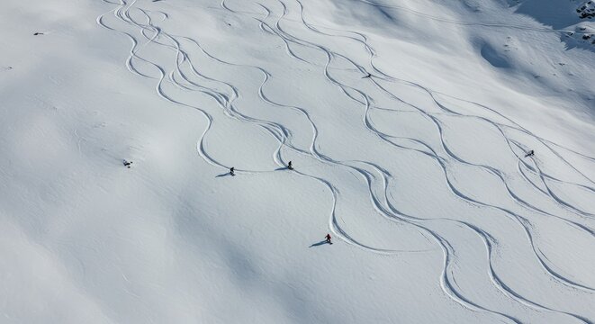 Aerial View of Skiers Carving Tracks on Snowy Mountain Slope - Powered by Adobe