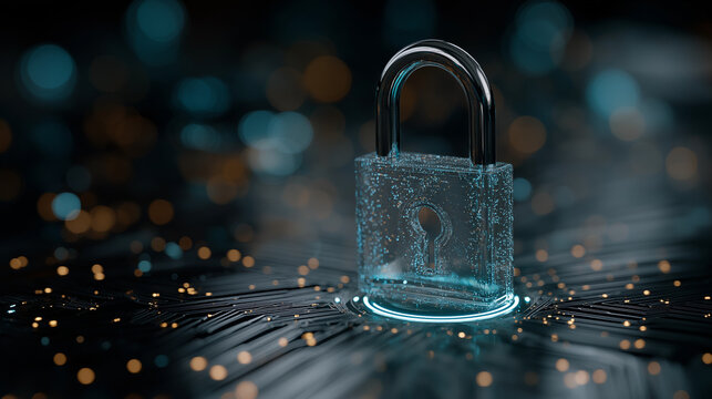 Digital Fortress: An illuminated digital lock glows with an aura of security, hovering above a circuit board, symbolizing data protection and cybersecurity in an increasingly interconnected world. - Powered by Adobe