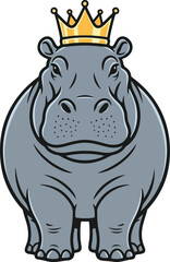 Fototapeta premium Cartoon Hippopotamus with Golden Crown A Regal Animal Illustration.
