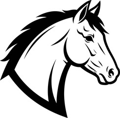 A majestic horse's head is illustrated in a modern graphic style, showcasing its flowing mane and strong facial features.