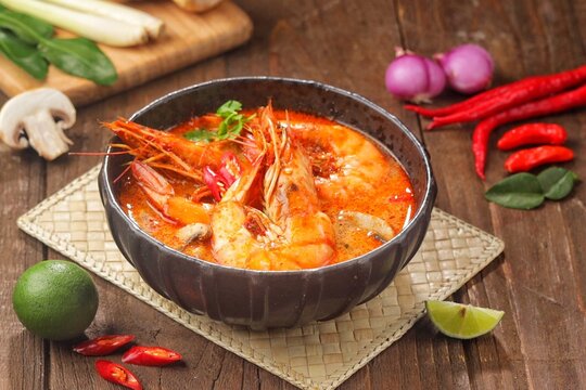 Tom yum goong or tom yam is a family of hot and sour Thai soups