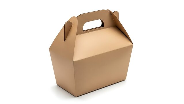 Simple Brown Cardboard Gable Box with Handle Isolated on White Background.