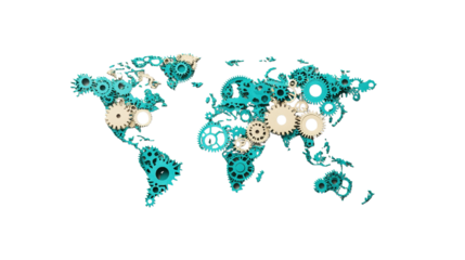 Global Innovation: World Map Composed of Interlocking Gears on a Black Background