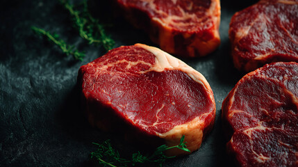 Fototapeta premium Fresh Cuts of Prime Steak: A close-up shot showcasing raw, juicy steak cuts arranged enticingly, displaying the rich texture and vibrant color. The image is a visual feast.
