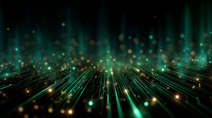 Fototapeta premium Digital Luminescence: A vibrant, abstract digital landscape of shimmering particles and radiant lines, conveying the essence of the digital world and technological innovation.