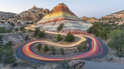 Colorful mountain road with light trails.