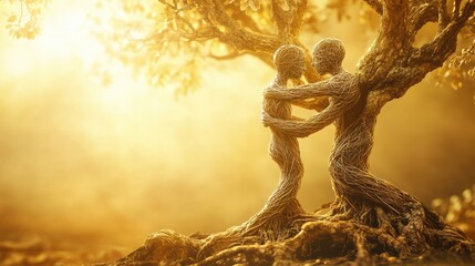 support and care, a tree with interwoven branches forming human-like figures holding each other, on blurred background