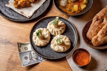 Georgian Khinkali Dumplings With Restaurant Meal Cost Concept