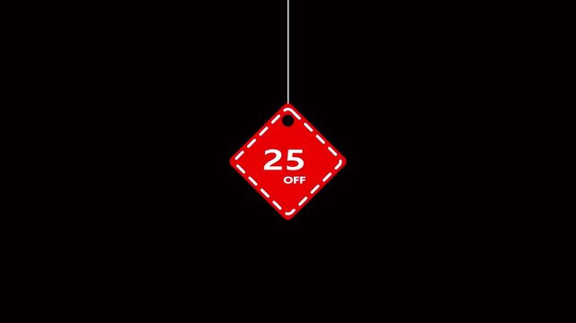 Red diamond-shaped discount tag with 25 OF text hanging by a white string on a black background sale