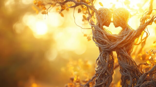 A conceptual image of support and care, a tree with interwoven branches forming human-like figures  on blurred background