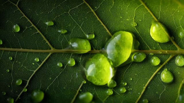 雨上がりの緑の葉に集まる透明な水滴