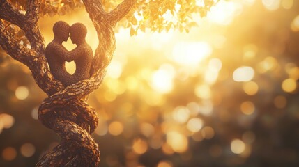 A conceptual image of support and care, a tree with interwoven branches forming human-like figures  on blurred background