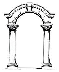 Naklejka premium Vintage arch with columns and keystone black and white line art
