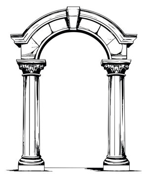 Vintage arch with columns and keystone black and white line art
