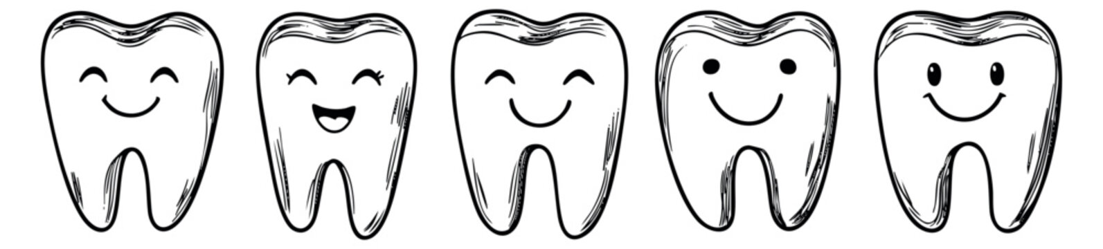 Cute tooth icon set with smiling faces hand drawn outline illustration