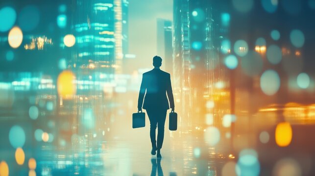 professional holding a briefcase, walking through a futuristic cityscape, symbolizing career growth and ambition, soft blur background