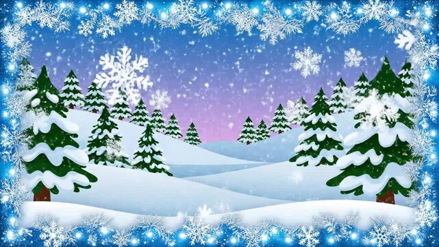 Animated winter wonderland scene with snowflakes and evergreen trees