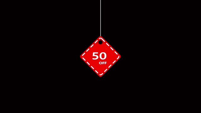 Red diamond shaped hanging tag with 50 percent off text and dashed border on black background sale discount