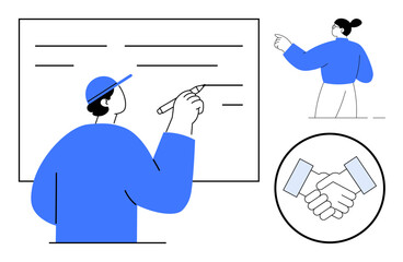 Teamwork, education, collaboration, business agreement, brainstorming, teaching. A person writes on a board, another gestures and a handshake icon. Collaboration and teamwork