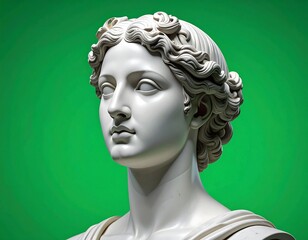 Marble bust of a woman with curly hair against a green background